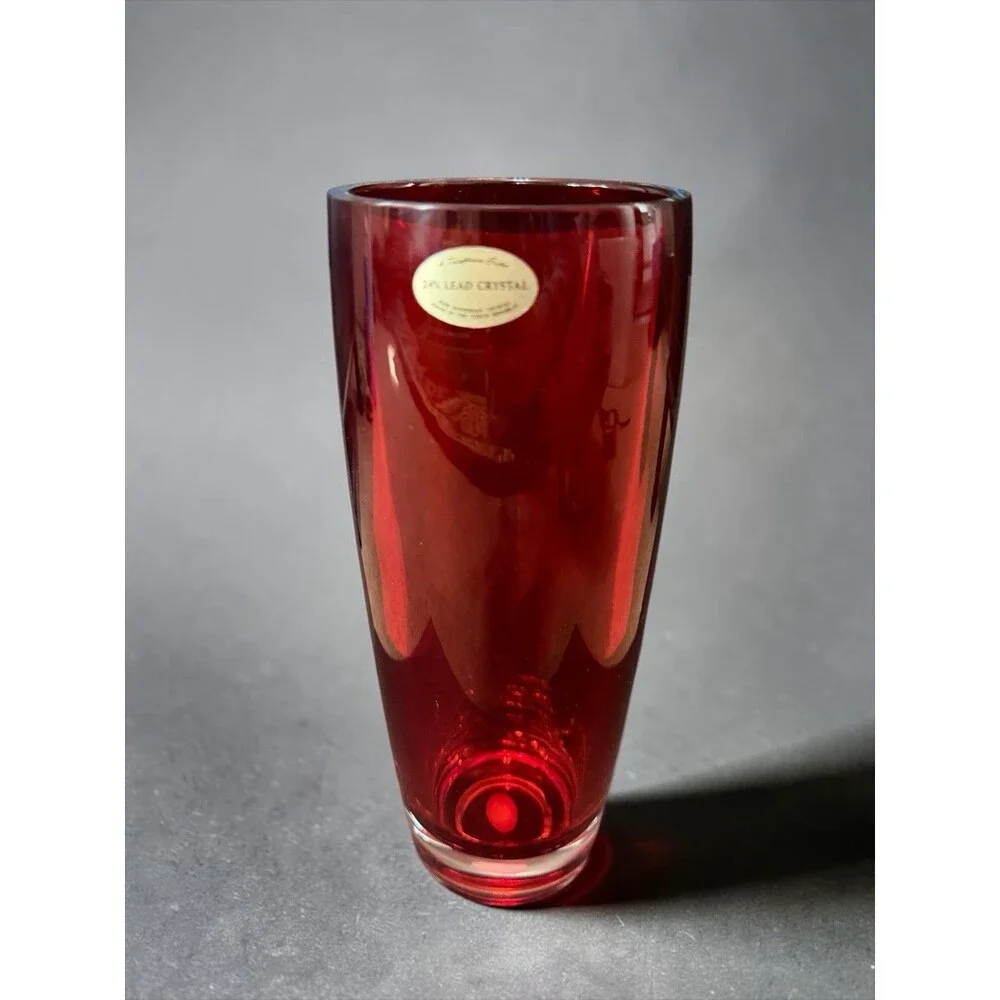 Vintage 24% Lead Crystal Red Glass Vase From Bohemian Czech Republic Heavy 10”